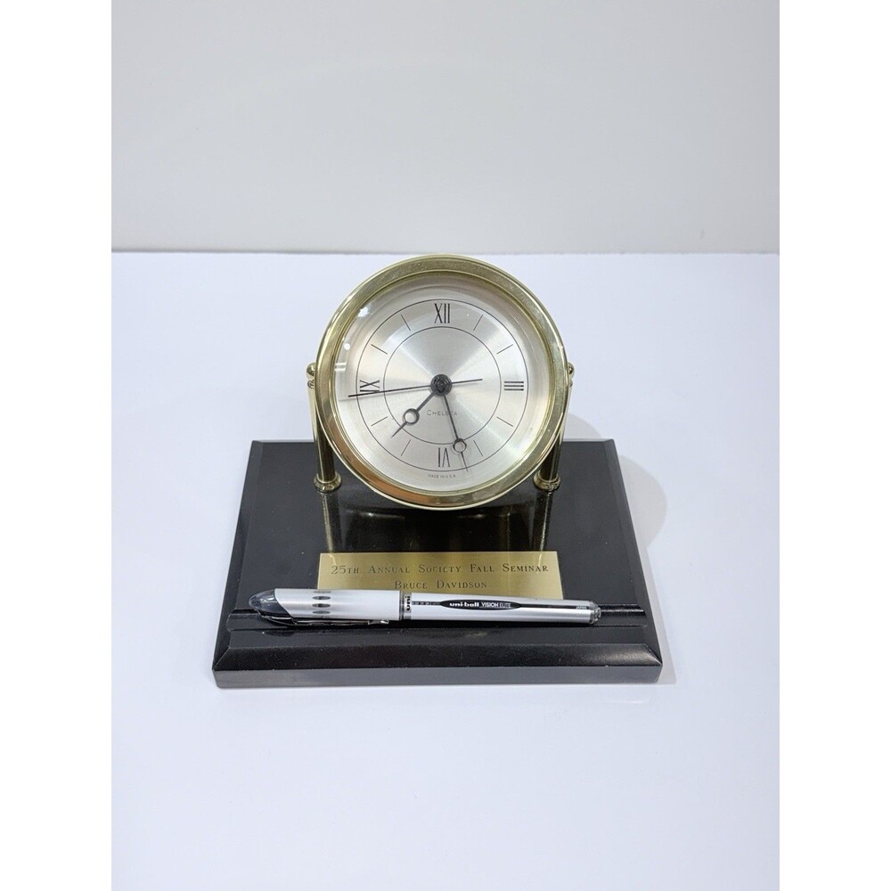 Chelsea Quartz Desk Clock Pen Holder Brass Metal Enstrom Helicopter Employee